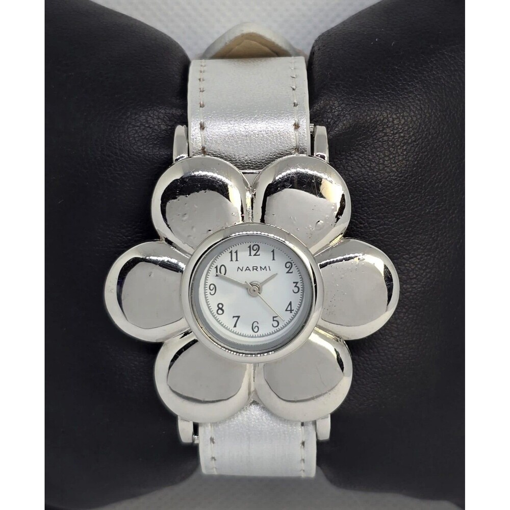 Women's Narmi Flower Case White Dial Silver Tone Faux Leather Strap Watch 05